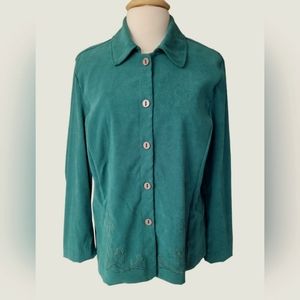 Nikki Size 18 Sueded Teal Long Sleeve Embroidered Button Up Shacket